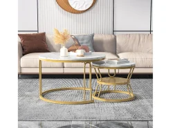 New Conjunto de 2 mesas de centro encaixáveis, mesa redonda, tampo em mármore, perna em ferro em forma de U, D70x45+P45x40cm Dourado