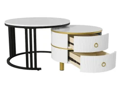 Mesa De Centro*ModernLuxe Conjunto de 2 mesas de centro encaixáveis ​​com 2 gavetas - tampo em mármore - Dourado e Preto Preto / Dourado