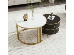 Mesa De Centro*ModernLuxe Conjunto de 2 mesas de centro encaixáveis ​​com 2 gavetas - tampo em mármore - Dourado e Preto Preto / Dourado