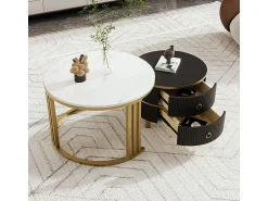 Mesa De Centro*ModernLuxe Conjunto de 2 mesas de centro encaixáveis ​​com 2 gavetas - tampo em mármore - Dourado e Preto Preto / Dourado