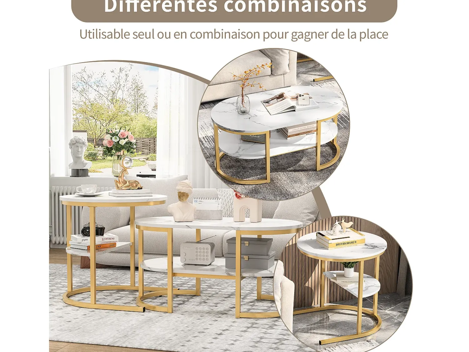 Mesa De Centro* Conjunto de 2 mesas de centro com estrutura metálica e prateleira, estilo moderno para sala de estar, douradas. Dourado
