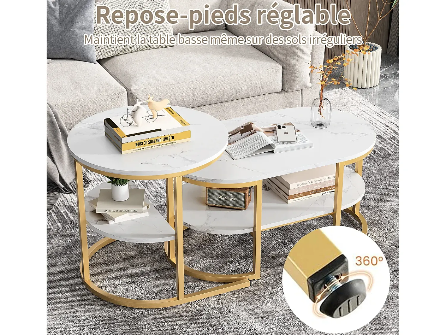 Mesa De Centro* Conjunto de 2 mesas de centro com estrutura metálica e prateleira, estilo moderno para sala de estar, douradas. Dourado