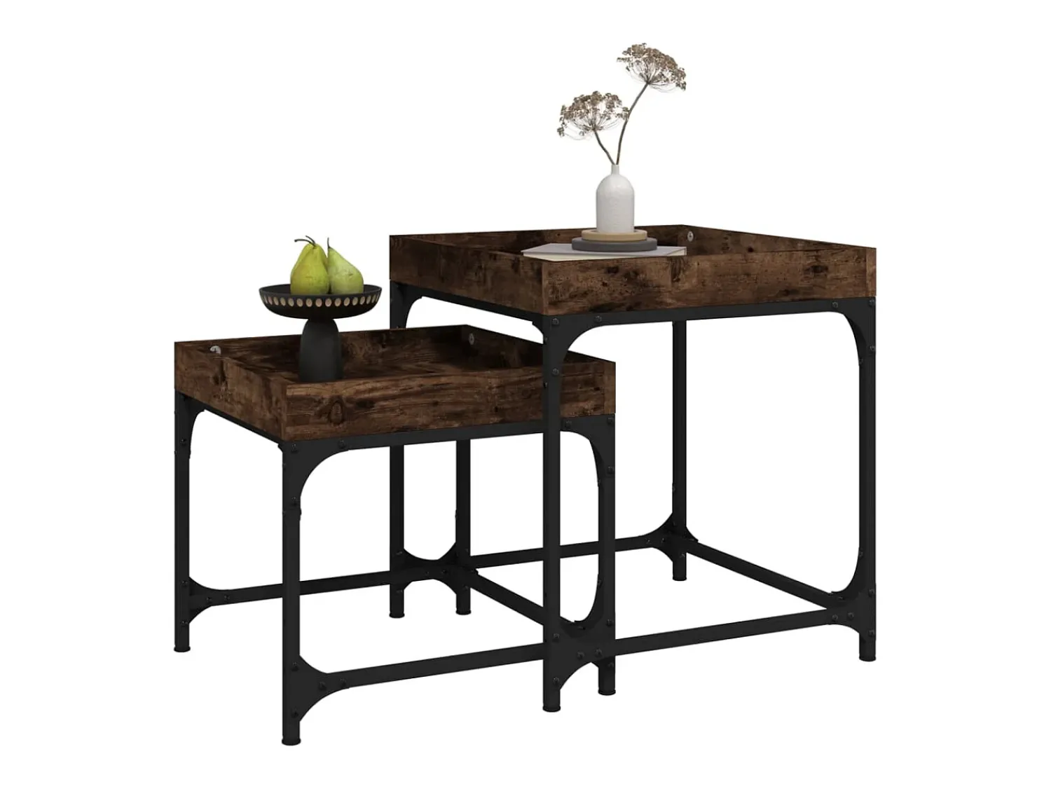Conjunto de 2 Mesas de Centro | Mesa de apoio | Mesa de café derivados de madeira carvalho fumado Castanho