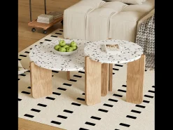 Conjunto de 2 mesas de centro encaixáveis, modulares modernas, para sala de estar, sofá, 70x70x35+50x50x45,5 (cm), Natural Natural claro