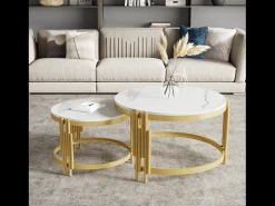 Sale Merax Conjunto de 2 mesas de centro encaixáveis em efeito mármore - Estrutura metálica dourada - 71,5x71,5x 44 cm + 51,5x51,5x37 cm - Branco