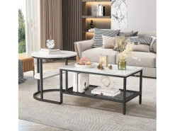 Best Conjunto de 2 mesas de centro escandinavas - Mesa de apoio retangular com estampado de mármore - Apoios para os pés ajustáveis ​​- Estrutura de metal preta Preto