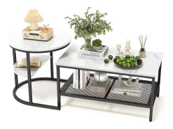 Best Conjunto de 2 mesas de centro escandinavas - Mesa de apoio retangular com estampado de mármore - Apoios para os pés ajustáveis ​​- Estrutura de metal preta Preto
