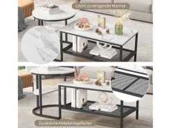 Best Conjunto de 2 mesas de centro escandinavas - Mesa de apoio retangular com estampado de mármore - Apoios para os pés ajustáveis ​​- Estrutura de metal preta Preto