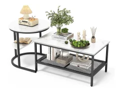 Best Conjunto de 2 mesas de centro escandinavas - Mesa de apoio retangular com estampado de mármore - Apoios para os pés ajustáveis ​​- Estrutura de metal preta Preto