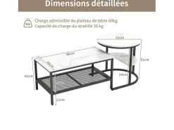 Best Conjunto de 2 mesas de centro escandinavas - Mesa de apoio retangular com estampado de mármore - Apoios para os pés ajustáveis ​​- Estrutura de metal preta Preto