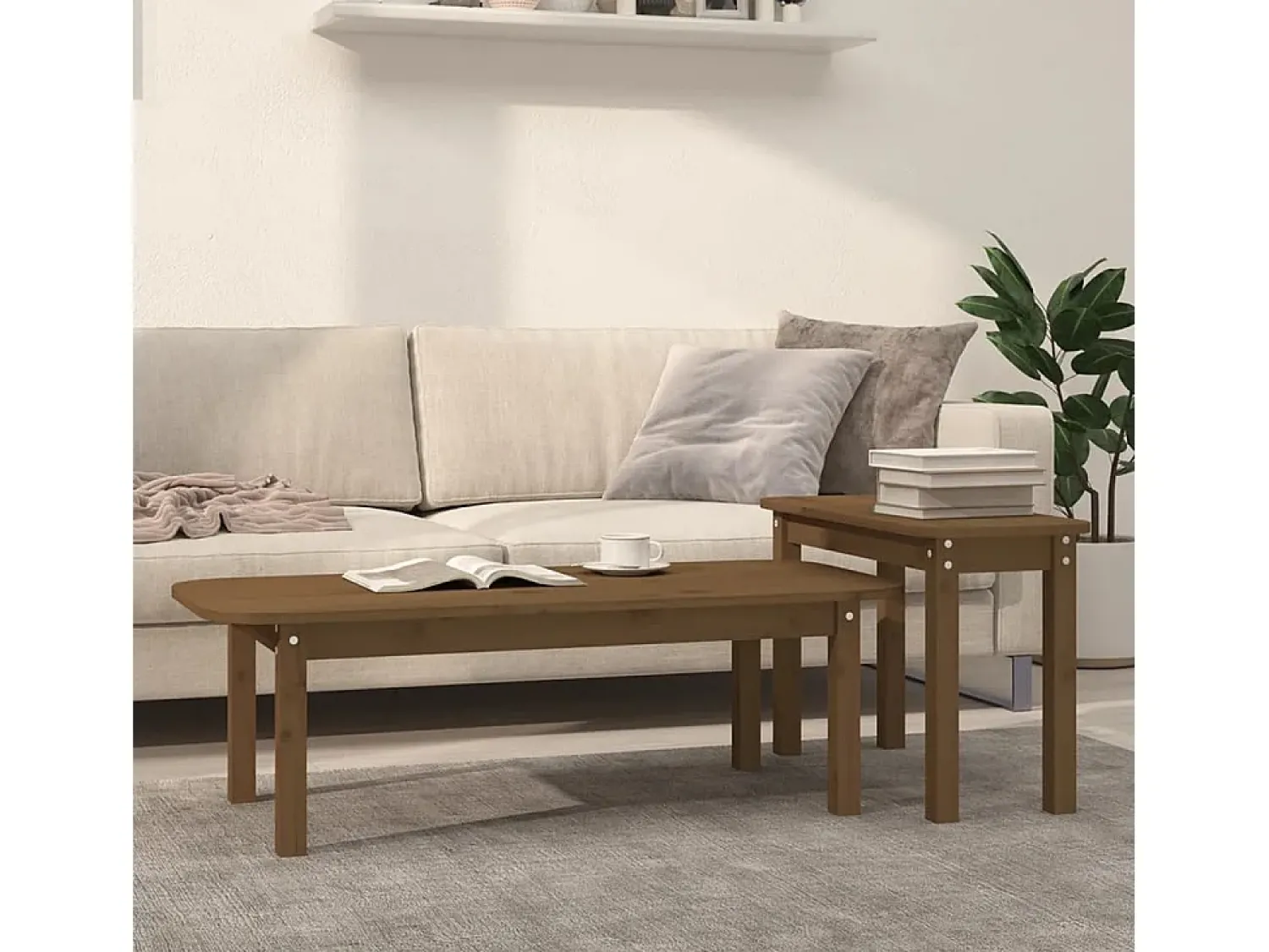 Mesa De Centro* Conjunto de 2 Mesas de Centro | Mesa de apoio pinho maciço mel Castanho