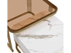 Online Hauss Spole Conjunto de 2 mesas de centro encaixáveis ​​com gavetas, tampos em mármore brilhante e vidro, pernas douradas Branco
