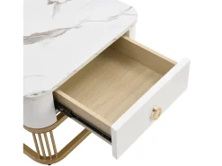 Online Hauss Spole Conjunto de 2 mesas de centro encaixáveis ​​com gavetas, tampos em mármore brilhante e vidro, pernas douradas Branco