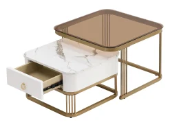 Online Hauss Spole Conjunto de 2 mesas de centro encaixáveis ​​com gavetas, tampos em mármore brilhante e vidro, pernas douradas Branco