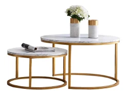 Conjunto de 2 mesas de centro encaixáveis - mármore e metal dourado, mesa lateral moderna, para sala de estar e quarto^ Mesa De Centro