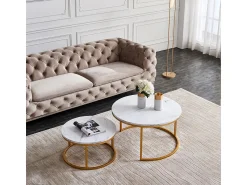 Conjunto de 2 mesas de centro encaixáveis - mármore e metal dourado, mesa lateral moderna, para sala de estar e quarto^ Mesa De Centro
