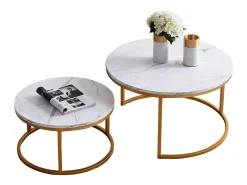 Conjunto de 2 mesas de centro encaixáveis - mármore e metal dourado, mesa lateral moderna, para sala de estar e quarto^ Mesa De Centro