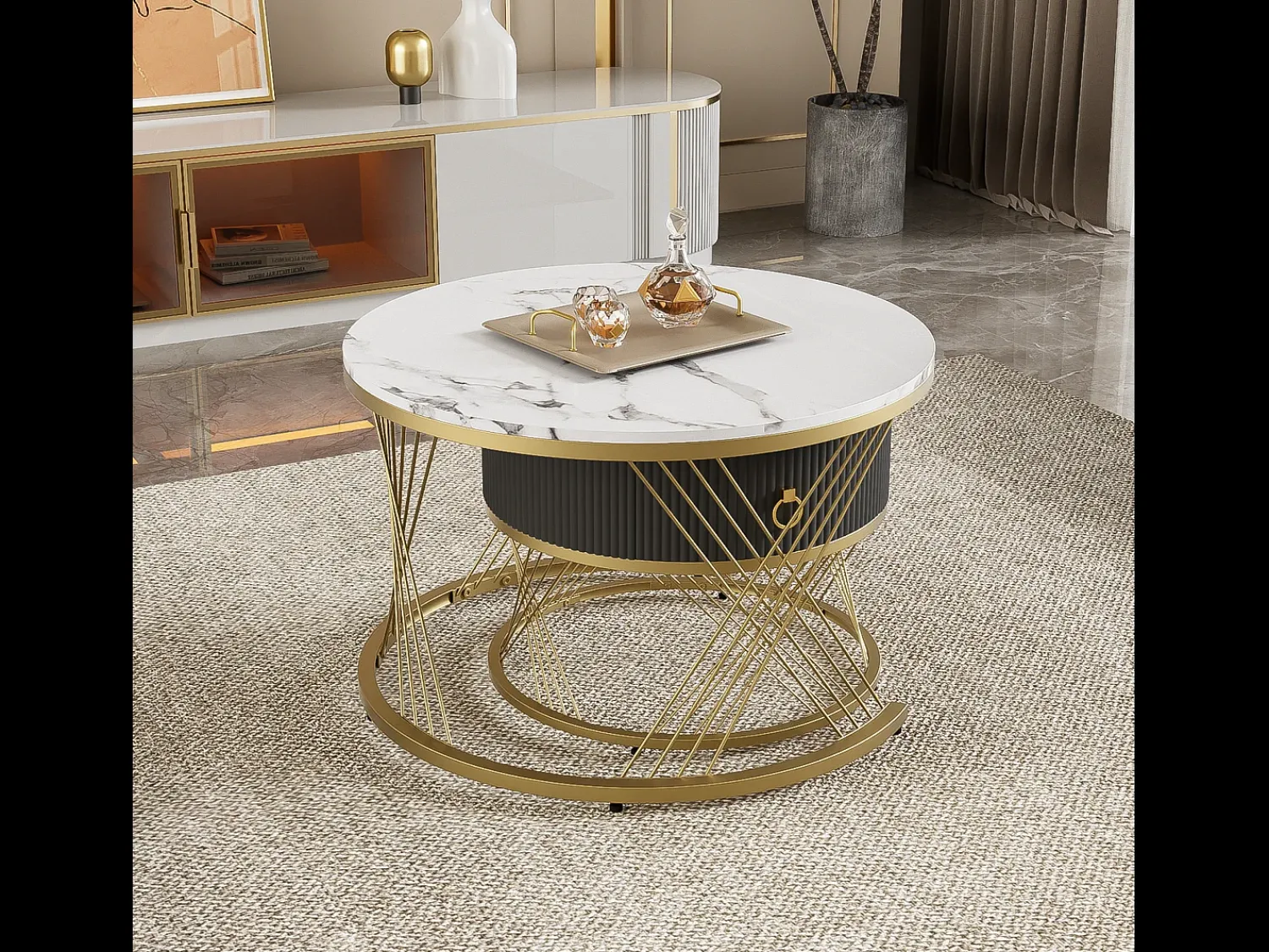 Mesa De Centro|Merax Conjunto de 2 mesas de centro encaixáveis com uma gaveta - Pernas de metal dourado - Tampos padrão mármore - + preto Branco