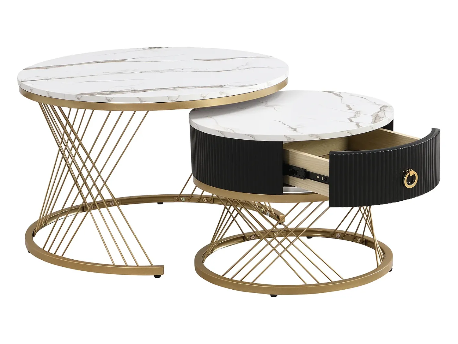 Mesa De Centro|Merax Conjunto de 2 mesas de centro encaixáveis com uma gaveta - Pernas de metal dourado - Tampos padrão mármore - + preto Branco