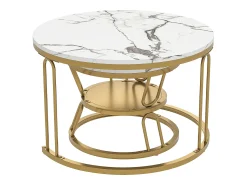 Sale Conjunto de 2 mesas de centro encaixáveis - redondas, tampo de mármore, pernas de ferro em formato de U, douradas, D70x45+D45x40 cm Dourado