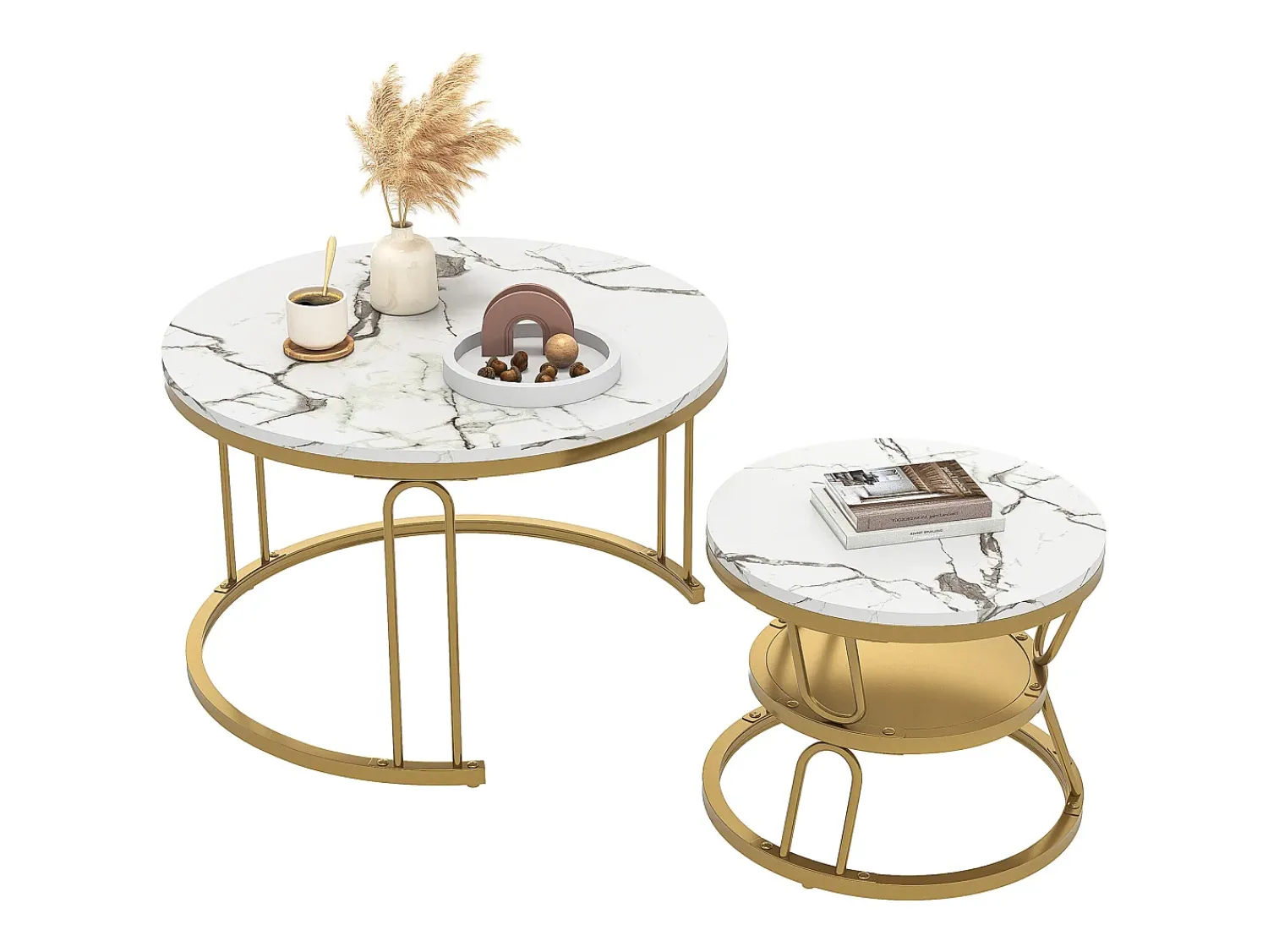 Sale Conjunto de 2 mesas de centro encaixáveis - redondas, tampo de mármore, pernas de ferro em formato de U, douradas, D70x45+D45x40 cm Dourado