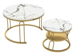 Sale Conjunto de 2 mesas de centro encaixáveis - redondas, tampo de mármore, pernas de ferro em formato de U, douradas, D70x45+D45x40 cm Dourado