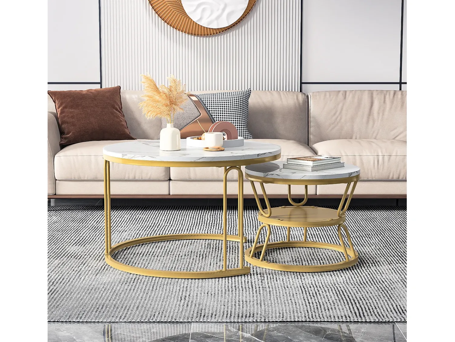 Sale Conjunto de 2 mesas de centro encaixáveis - redondas, tampo de mármore, pernas de ferro em formato de U, douradas, D70x45+D45x40 cm Dourado