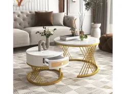 Mesa De Centro*Merax Conjunto de 2 mesas de centro encastradas com gaveta - madeira MDF e metal - tampo padrão mármore - Branco