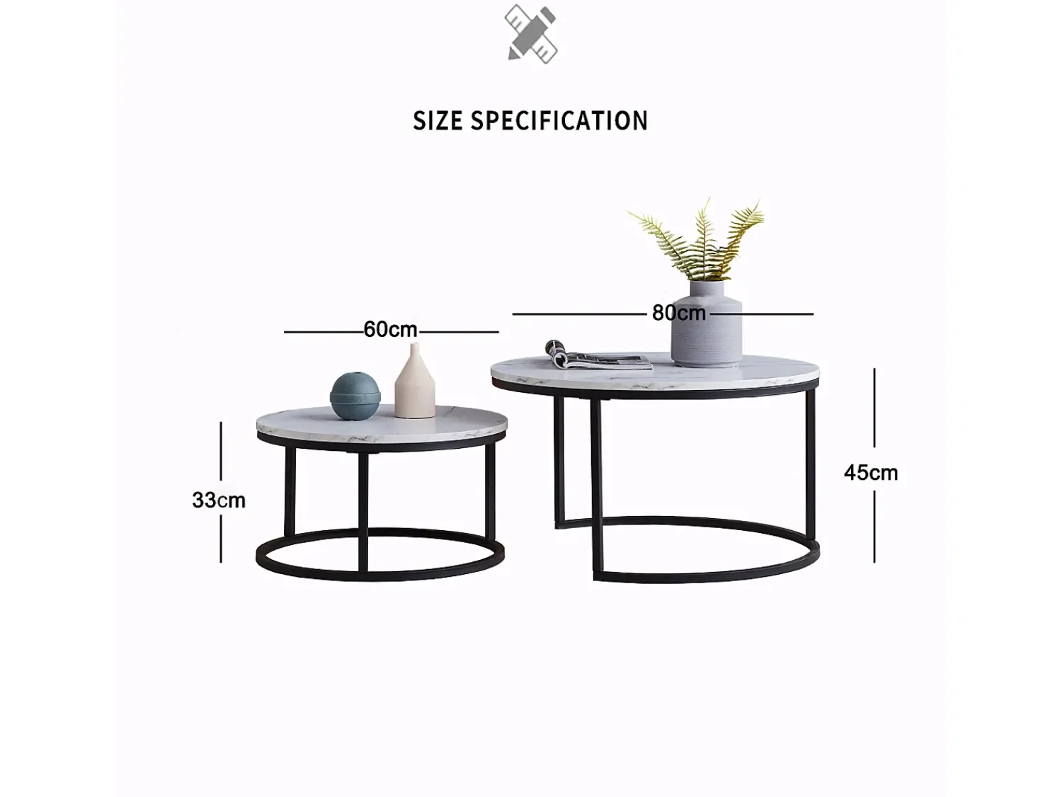 Mesa De Centro| Conjunto de 2 mesas de centro encaixáveis, com mármore brilhante, e branco Preto