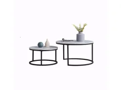 Mesa De Centro| Conjunto de 2 mesas de centro encaixáveis, com mármore brilhante, e branco Preto