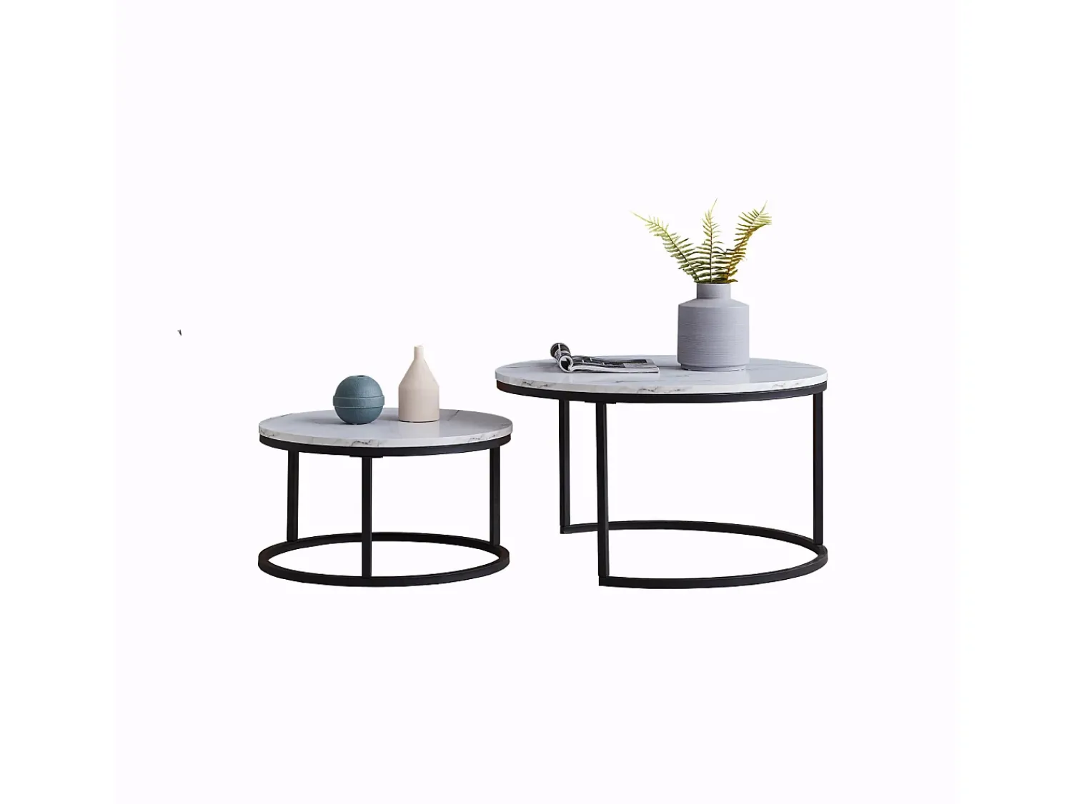 Mesa De Centro| Conjunto de 2 mesas de centro encaixáveis, com mármore brilhante, e branco Preto