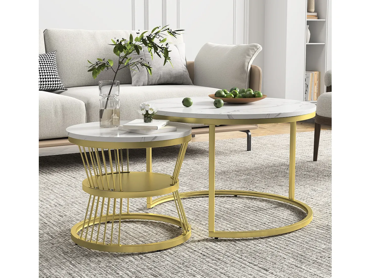 Conjunto de 2 mesas de centro redondas empilháveis com espaço de armazenamento, estrutura metálica, 70/45 cm, douradas. Dourado