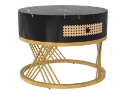 New Conjunto de 2 mesas de centro redondas encaixáveis, mesa de apoio com tampo em mármore e gavetas em vime, pernas em ferro dourado - 70x70x45,5+50x50x38,5cm Preto