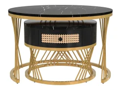 New Conjunto de 2 mesas de centro redondas encaixáveis, mesa de apoio com tampo em mármore e gavetas em vime, pernas em ferro dourado - 70x70x45,5+50x50x38,5cm Preto