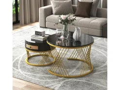 New Conjunto de 2 mesas de centro redondas encaixáveis, mesa de apoio com tampo em mármore e gavetas em vime, pernas em ferro dourado - 70x70x45,5+50x50x38,5cm Preto