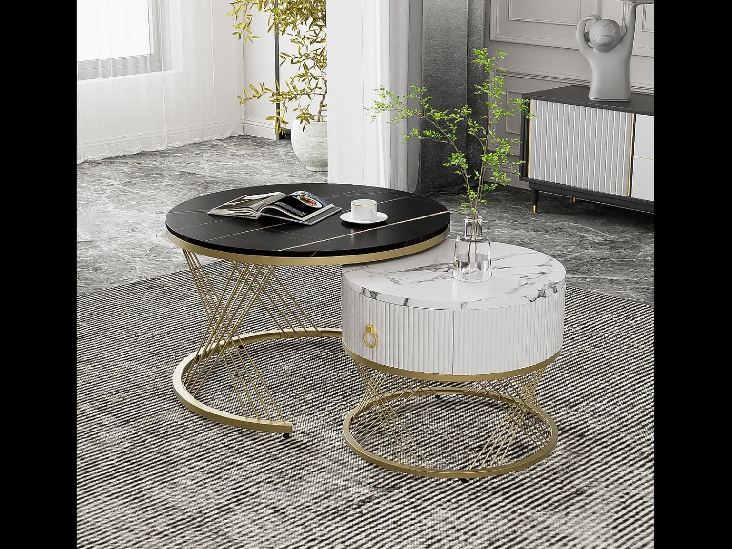 Merax Conjunto de 2 mesas de centro encaixáveis com uma gaveta, mesas redondas - Pernas de metal dourado - Tampos padrão mármore - + branco^ Mesa De Centro