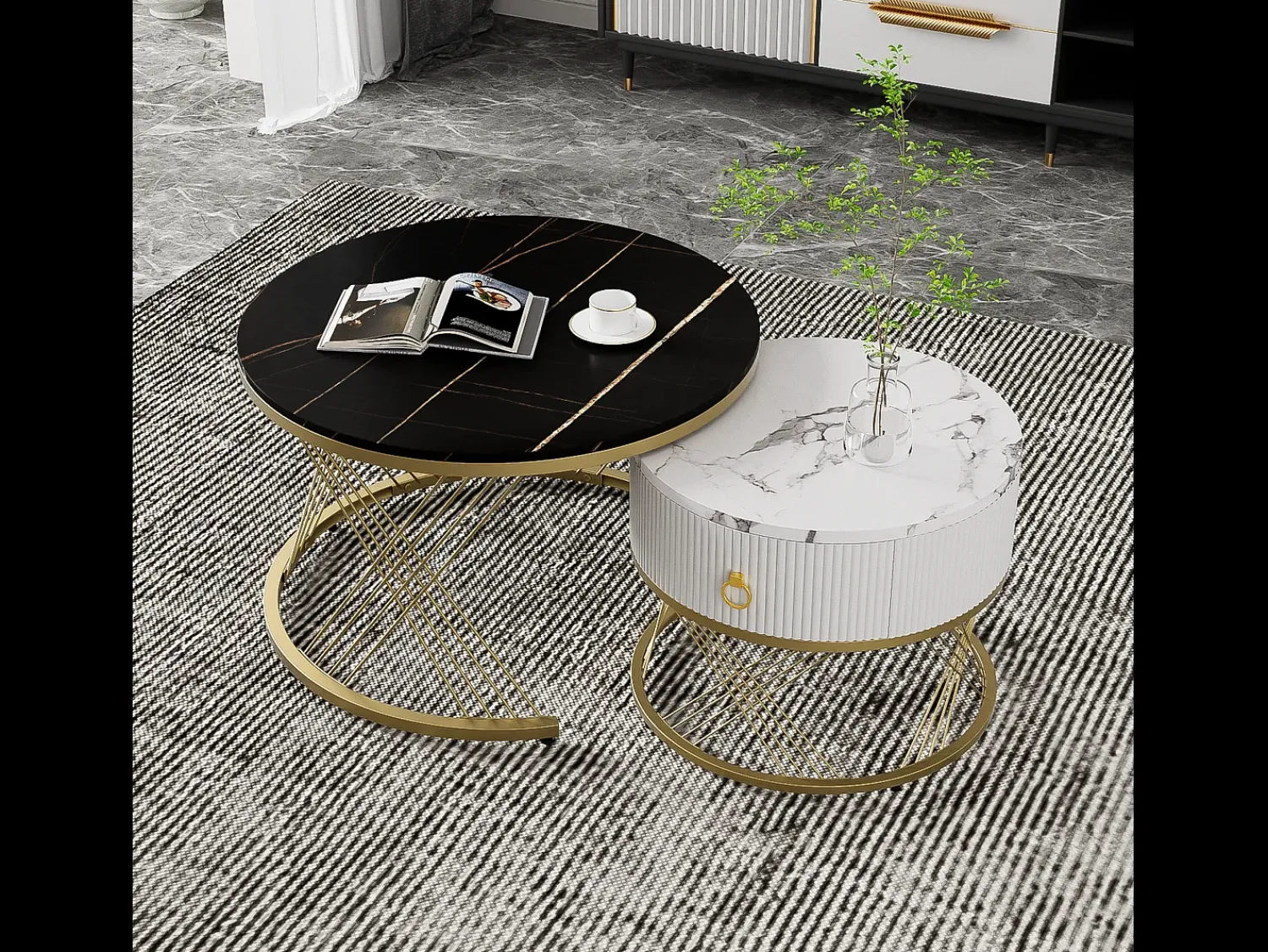 Merax Conjunto de 2 mesas de centro encaixáveis com uma gaveta, mesas redondas - Pernas de metal dourado - Tampos padrão mármore - + branco^ Mesa De Centro
