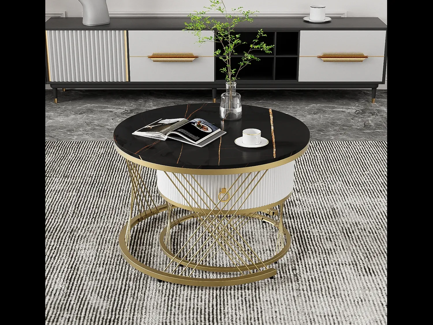 Merax Conjunto de 2 mesas de centro encaixáveis com uma gaveta, mesas redondas - Pernas de metal dourado - Tampos padrão mármore - + branco^ Mesa De Centro