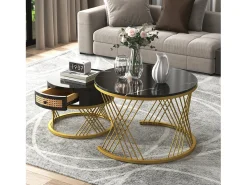 Mesa De Centro*ModernLuxe Conjunto de 2 mesas de centro encaixáveis ​​​​- tampo efeito mármore - Preto