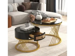 Mesa De Centro*ModernLuxe Conjunto de 2 mesas de centro encaixáveis ​​​​- tampo efeito mármore - Preto