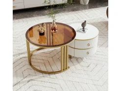 Outlet ModernLuxe Conjunto de 2 mesas de centro encastráveis com 2 gavetas - Tampo em vidro temperado castanho - Branco Castanho / Branco