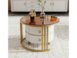 Outlet ModernLuxe Conjunto de 2 mesas de centro encastráveis ​​com 2 gavetas - Tampo em vidro temperado castanho - Branco Castanho / Branco