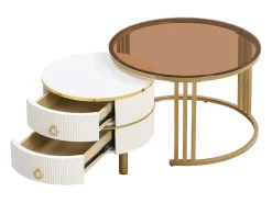 Outlet ModernLuxe Conjunto de 2 mesas de centro encastráveis ​​com 2 gavetas - Tampo em vidro temperado castanho - Branco Castanho / Branco