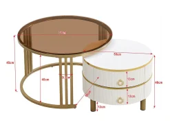 Outlet ModernLuxe Conjunto de 2 mesas de centro encastráveis ​​com 2 gavetas - Tampo em vidro temperado castanho - Branco Castanho / Branco