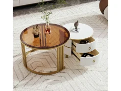 Outlet ModernLuxe Conjunto de 2 mesas de centro encastráveis ​​com 2 gavetas - Tampo em vidro temperado castanho - Branco Castanho / Branco