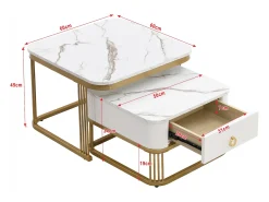 Mesa De Centro|Merax Conjunto de 2 mesas de centro encaixáveis com 1 gaveta, mesa de centro quadrada - tampos em mármore - madeira e metal - branco brilhante Marfim
