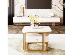 Mesa De Centro|Merax Conjunto de 2 mesas de centro encaixáveis com 1 gaveta, mesa de centro quadrada - tampos em mármore - madeira e metal - branco brilhante Marfim