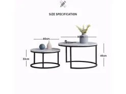 Conjunto de 2 mesas de centro encaixáveis - mármore e metal preto, mesa lateral moderna e redonda para sala de estar e quarto^ Mesa De Centro
