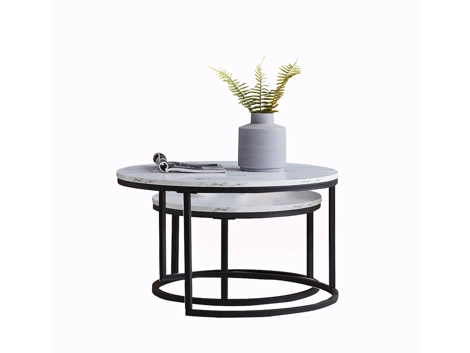 Conjunto de 2 mesas de centro encaixáveis - mármore e metal preto, mesa lateral moderna e redonda para sala de estar e quarto^ Mesa De Centro
