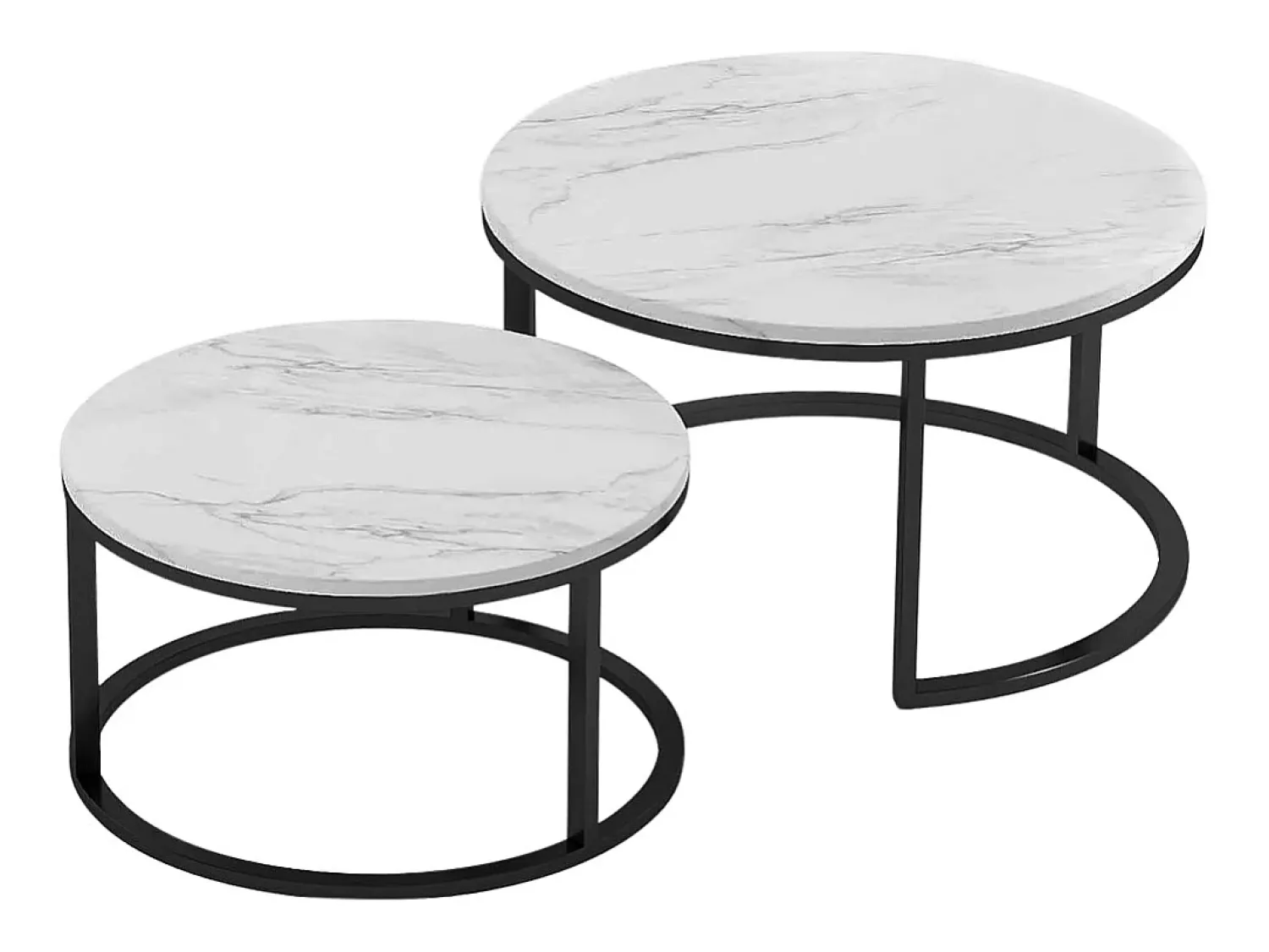 Conjunto de 2 mesas de centro encaixáveis - mármore e metal preto, mesa lateral moderna e redonda para sala de estar e quarto^ Mesa De Centro